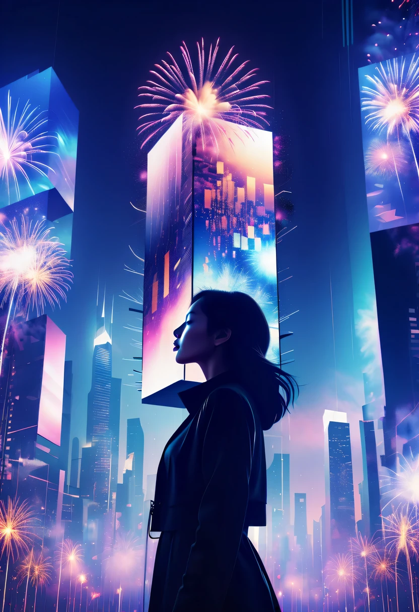 Dubrec style,Cybernetics appear in the sky.The prospect of fireworks on new year’s Eve 2024,Gorgeous fireworks,(multiple exposure1.8),(Digital signage,2024:1.5),technology city,artificial intelligence neuron,network matrix,new year&#39;eve visual poster,Intricate poster in surreal art style,超现实梦想new year海报,超现实科幻new year梦想海报，wide wide shot，Expansive night sky，new year，A grand fireworks display，woman portrait，double exposure effect，dramatic lights，vivd Coloong exposure technology，creative composition，artsy photography，hight contrast，abstract elements，emotionally captivating，Expressive eyes，soft focus，vague background，Beautiful lip details，multiple exposure，Different Perspectives、The cities of the future，Silhouette of a high-rise building。The texture is clear、Overlay the image、A harmonious blend of themes、art story、Surreal atmosphere、Experimental Technology、imaginative exploration、Artistic expression、Artistic interpretation、Creative experimentation、personal narrative、Layered composition、Ethereal aesthetics、Shocking visual impact、visual depth、magical reality、poetic atmosphere，detailed、meticuloso，visual poetry