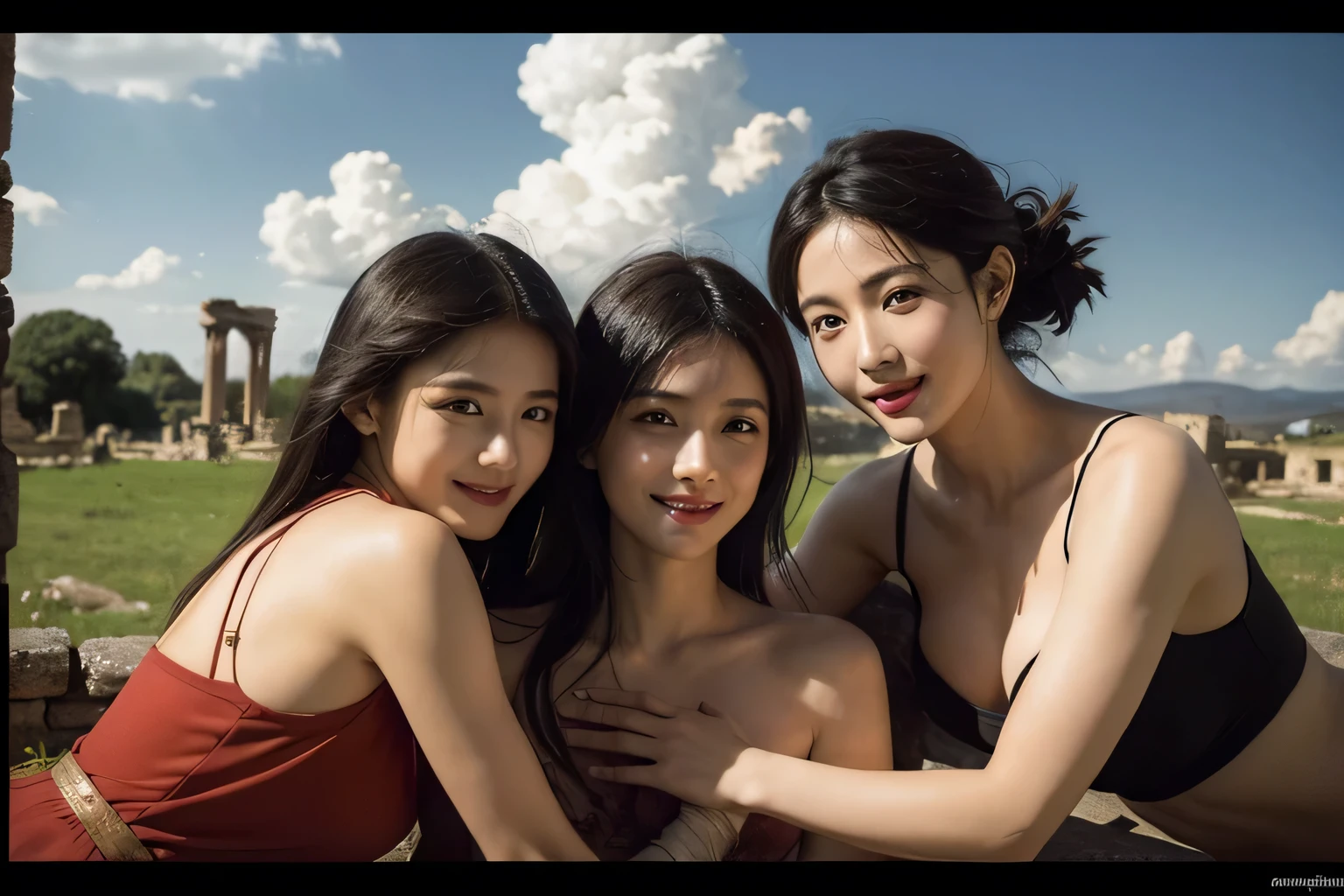 Ancient Roman ruins,Poussin-style landscape,A smile,,Sweet and seductive appearance.、Caravaggio's paintings、Chiaroscuro of Caravaggio、Hair disheveled in the wind,Two women frolicking,Cute smile, Expression of ecstasy,A sexy,erotick
