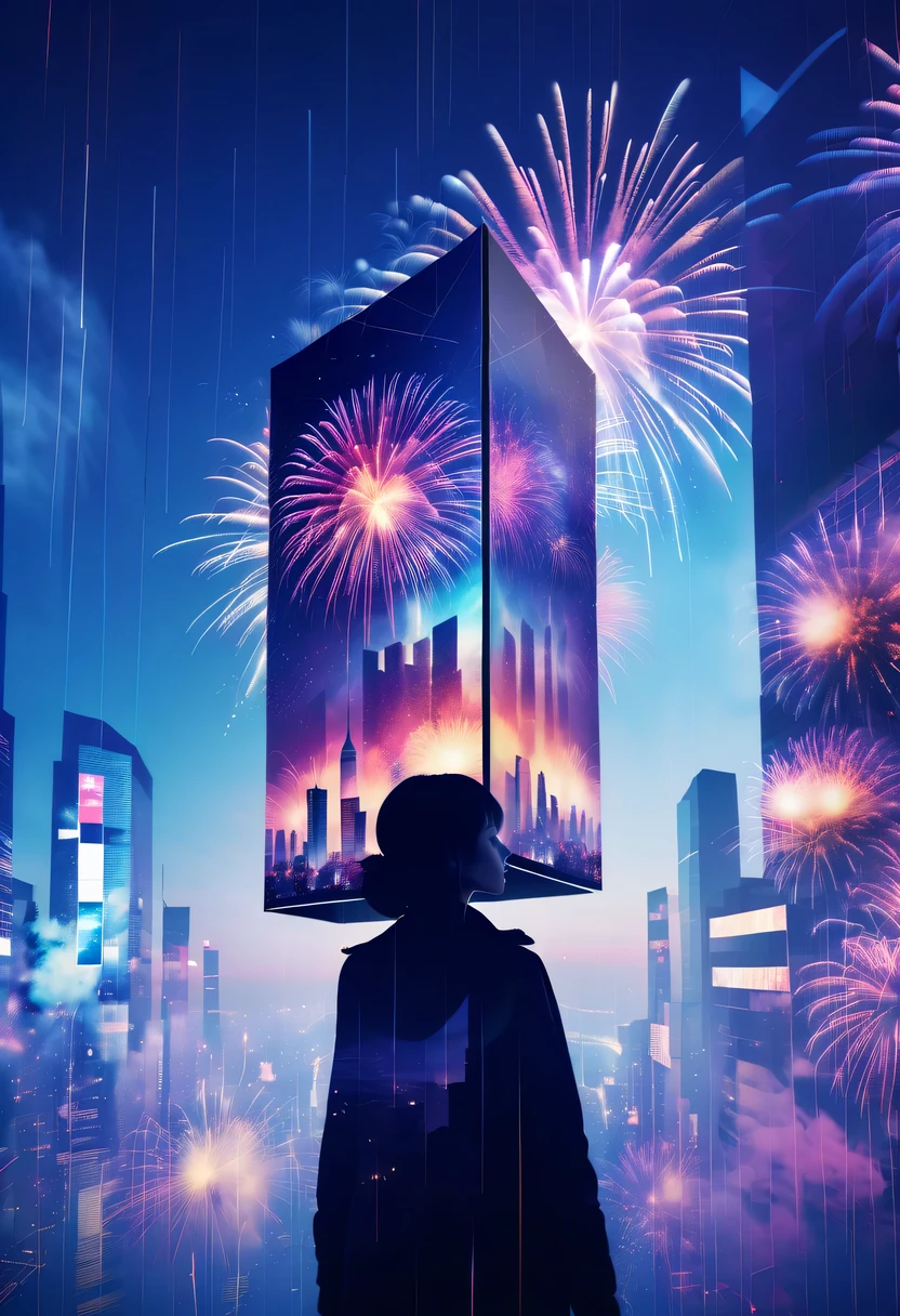 Dubrec style,Cybernetics appear in the sky.The prospect of fireworks on new year’s Eve 2024,Gorgeous fireworks,(multiple exposure1.8),(Digital signage,2024:1.5),technology city,artificial intelligence neuron,network matrix,new year'eve visual poster,Intricate poster in surreal art style,超现实梦想new year海报,超现实科幻new year梦想海报,wide wide shot,Expansive night sky,new year,A grand fireworks display,woman portrait,double exposure effect,dramatic lights,vivd Coloong exposure technology,creative composition,artsy photography,hight contrast,abstract elements,emotionally captivating,Expressive eyes,soft focus,vague background,Beautiful lip details,multiple exposure,Different Perspectives、The cities of the future,Silhouette of a high-rise building。The texture is clear、Overlay the image、A harmonious blend of themes、art story、Surreal atmosphere、Experimental Technology、imaginative exploration、Artistic expression、Artistic interpretation、Creative experimentation、personal narrative、Layered composition、Ethereal aesthetics、Shocking visual impact、visual depth、magical reality、poetic atmosphere,detailed、meticuloso,visual poetry