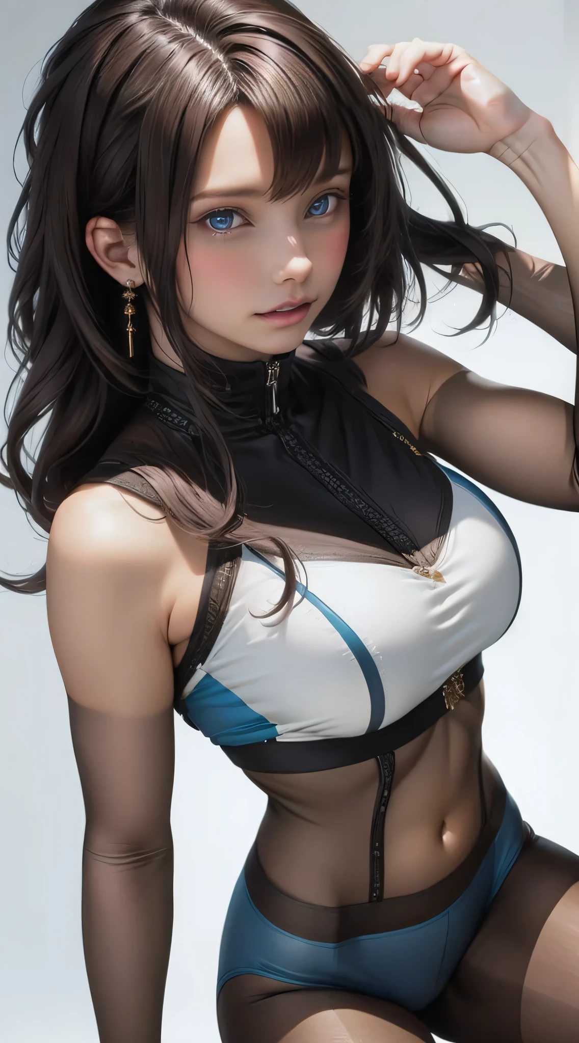 Extreme close-up,1girl in,(Ultra detailed skin),Curve,Petite,Beautiful breasts,(Large breasts),pale skin,pointed breast,Erect nipples,(Fantasy Art,Highest image quality,Hyperrealist portrait,(8K),Ultra-realistic,Best Quality, High quality, High Definition, High quality texture,high detailing,Beautiful detailed,fine detailed,extremely details CG,Detailed texture,realistic representation of face,masutepiece,presence,Dynamic,Bold),Short hair,(super thin hair),(ultra soft hair),(ultra straight hair:1.5),Swept long bangs,Extra bright coppery amber hair,Hair over one eye,Clothed,Tennis Uniform