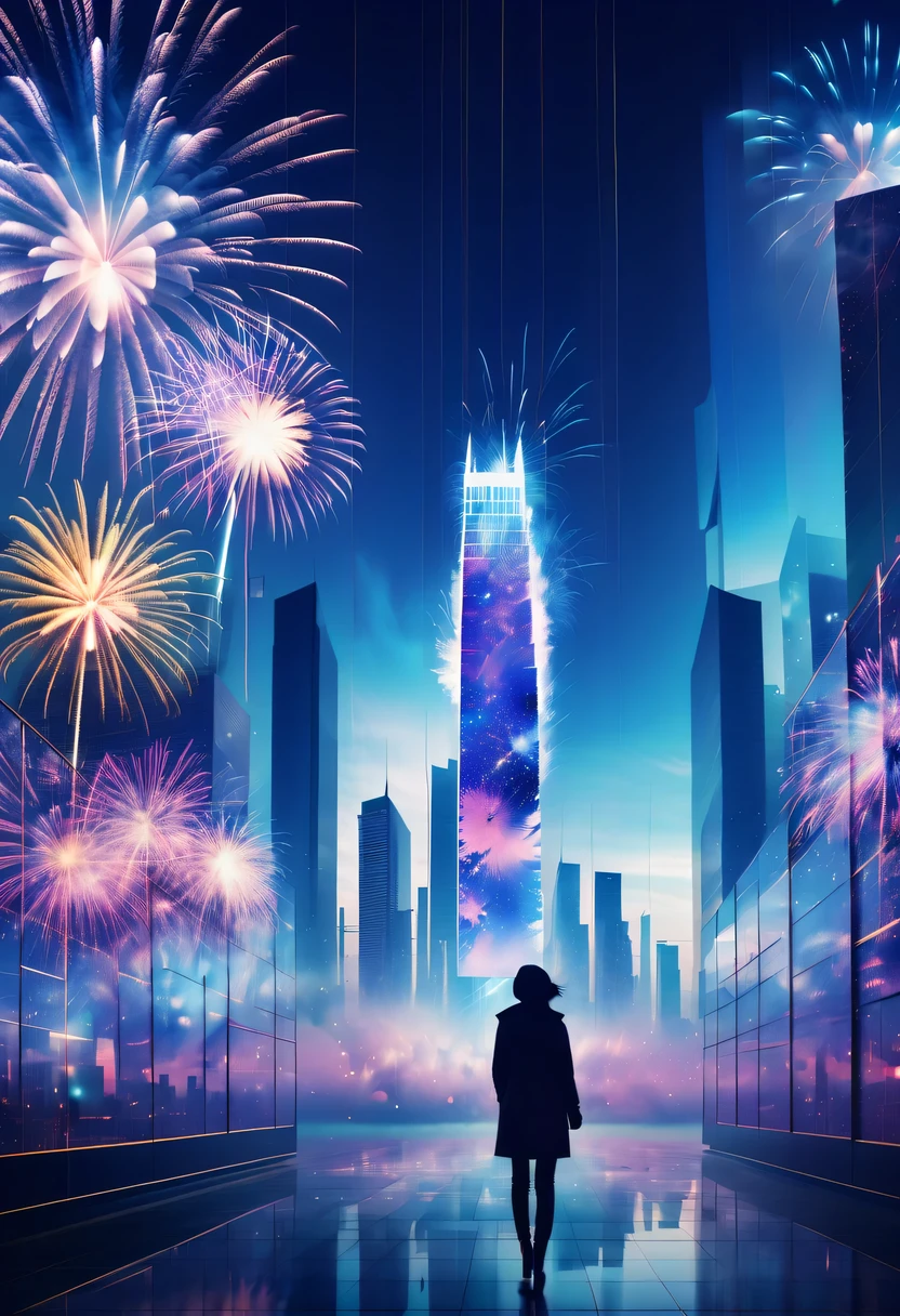 Dubrec style,Cybernetics appear in the sky.The prospect of fireworks on new year’s Eve 2024,Gorgeous fireworks,(multiple exposure1.8),(Digital signage,2024:1.5),technology city,artificial intelligence neuron,network matrix,new year'eve visual poster,Intricate poster in surreal art style,超现实梦想new year海报,超现实科幻new year梦想海报,wide wide shot,Expansive night sky,new year,A grand fireworks display,woman portrait,double exposure effect,dramatic lights,vivd Coloong exposure technology,creative composition,artsy photography,hight contrast,abstract elements,emotionally captivating,Expressive eyes,soft focus,vague background,Beautiful lip details,multiple exposure,Different Perspectives、The cities of the future,Silhouette of a high-rise building。The texture is clear、Overlay the image、A harmonious blend of themes、art story、Surreal atmosphere、Experimental Technology、imaginative exploration、Artistic expression、Artistic interpretation、Creative experimentation、personal narrative、Layered composition、Ethereal aesthetics、Shocking visual impact、visual depth、magical reality、poetic atmosphere,detailed、meticuloso,visual poetry