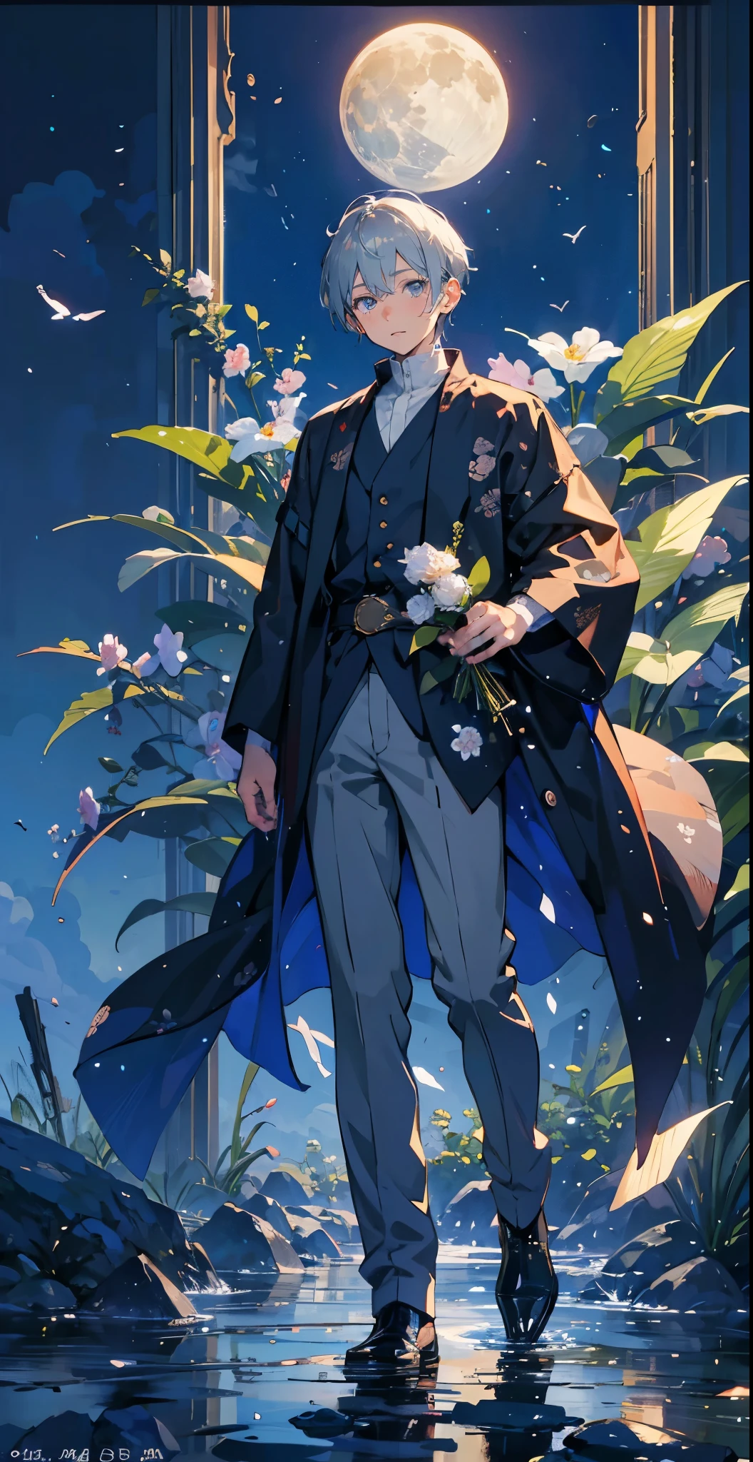 (masutepiece), (Best Quality), Highly detailed, (One boy:1.4), (full body photographed:1.3),face perfect, Beautiful face, extra detailed face,Gray-haired shorthair,florals,butterflys々,floralsびら,optic,waterface,a moon,Fantasia,Fantastical,mystical