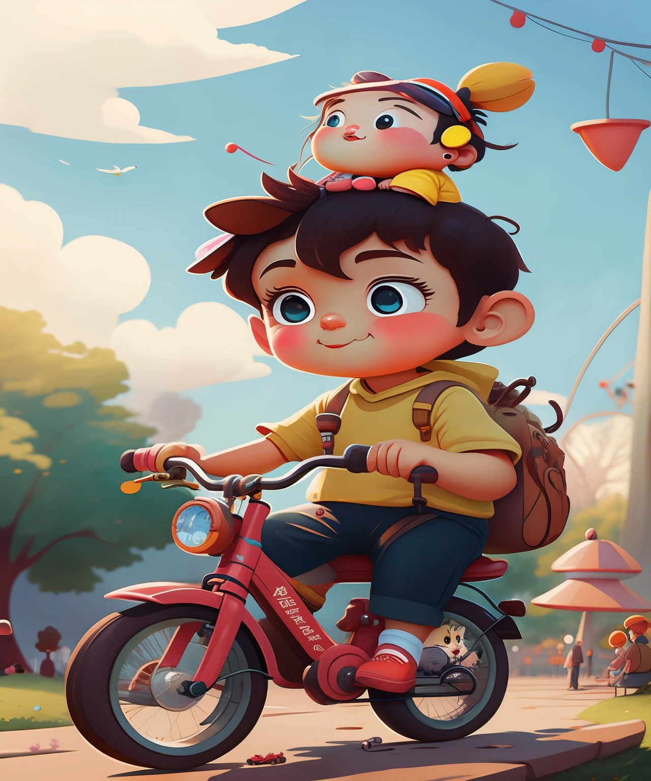 cartoon boy and girl riding a bike in a park, childrens art in artstation, concept art of single boy, cartoon digital painting, cartoon style illustration, adorable digital painting, digital cartoon painting art, cartoon art style, 2 d illustration, 2d illustration, cartoon artstyle, cartoon concept art, cute cartoon character, cute detailed digital art, by Ryan Yee