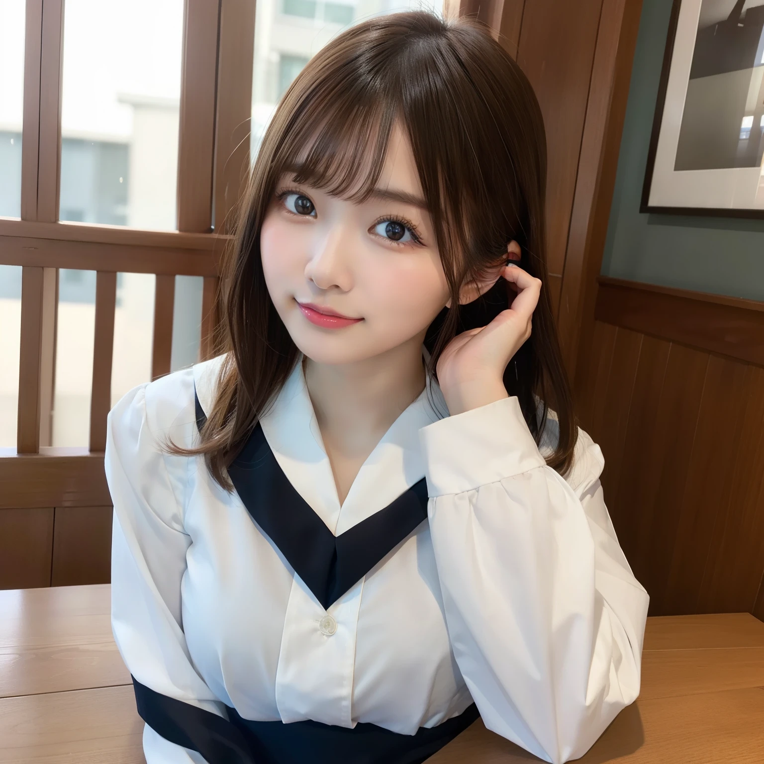 ​masterpiece、top-quality、Ultra-fine、Colossal tits、(Top image quality, Ultra-fine, hight resolution, ultra-detailliert,)、a sailor suit、白のThe shirtと青いリボン、A smile, red blush, line of sight, Sailor collar, bangss, long-sleeve, Bokeh、Background blur, neckerchief, Brown hair, The shirt, Mouth closed, 白いThe shirt, The upper part of the body, Bokeh, Black Sailor collar, railing, 青いneckerchief, depth of fields, natta, hand on own face, 鎖骨, head rest、nogizaka、Beautiful black eyes:1.３、17-year-old schoolgirl