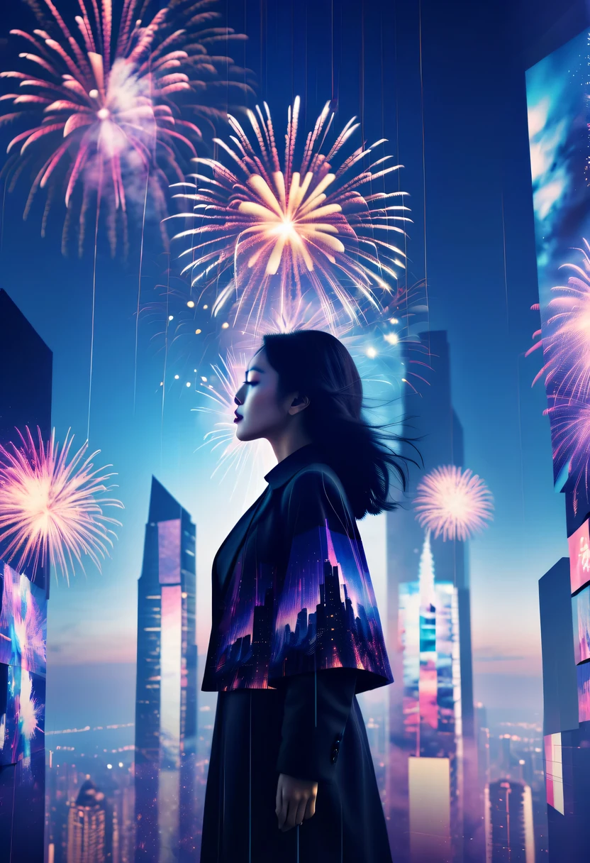 Dubrec style,Cybernetics appear in the sky.The prospect of fireworks on new year’s Eve 2024,Gorgeous fireworks,(multiple exposure1.8),(Digital signage,2024:1.5),technology city,artificial intelligence neuron,network matrix,new year'eve visual poster,Intricate poster in surreal art style,超现实梦想new year海报,超现实科幻new year梦想海报,wide wide shot,Expansive night sky,new year,A grand fireworks display,woman portrait,double exposure effect,dramatic lights,vivd Coloong exposure technology,creative composition,artsy photography,hight contrast,abstract elements,emotionally captivating,Expressive eyes,soft focus,vague background,Beautiful lip details,multiple exposure,Different Perspectives、The cities of the future,Silhouette of a high-rise building。The texture is clear、Overlay the image、A harmonious blend of themes、art story、Surreal atmosphere、Experimental Technology、imaginative exploration、Artistic expression、Artistic interpretation、Creative experimentation、personal narrative、Layered composition、Ethereal aesthetics、Shocking visual impact、visual depth、magical reality、poetic atmosphere,detailed、meticuloso,visual poetry