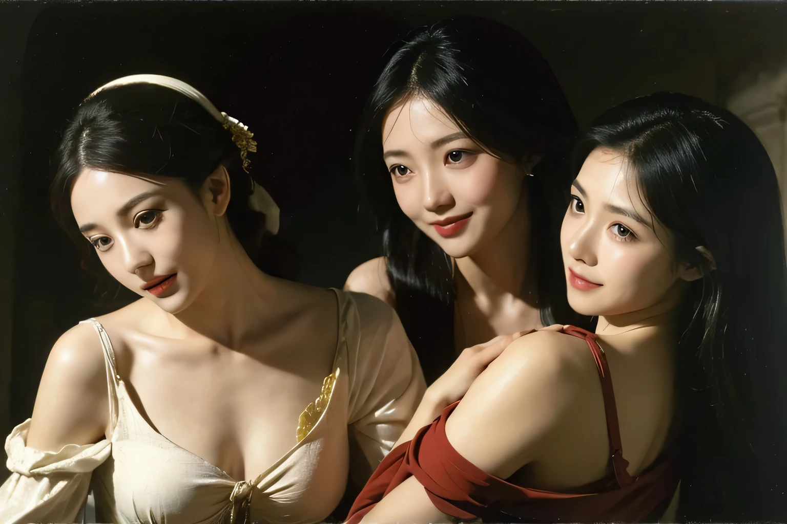 concert,Ancient Roman landscape in the style of Poussin,A smile,,Sweet and seductive appearance.、Caravaggio's paintings、Chiaroscuro of Caravaggio、Hair disheveled in the wind,Two women frolicking,Cute smile, Expression of ecstasy,A sexy,erotick