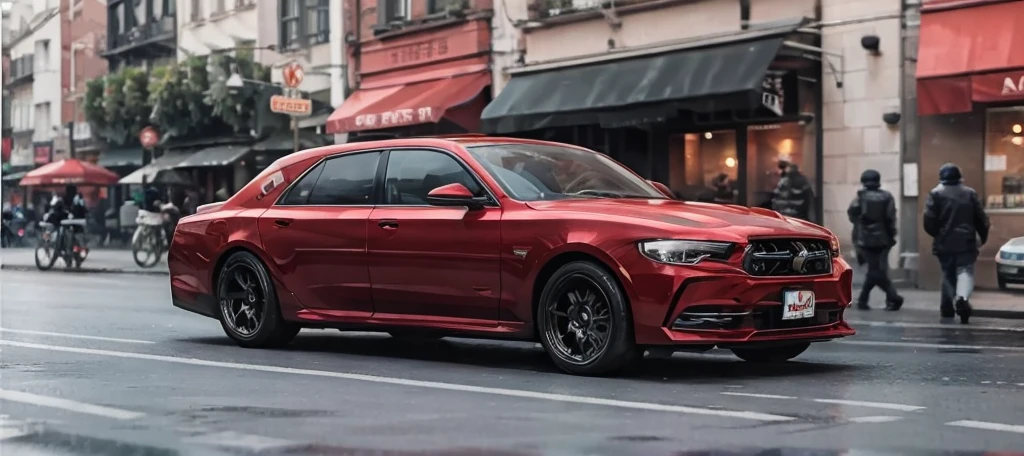 red luxury sedan on the side of a busy shopping street, orange lightning, far and low view