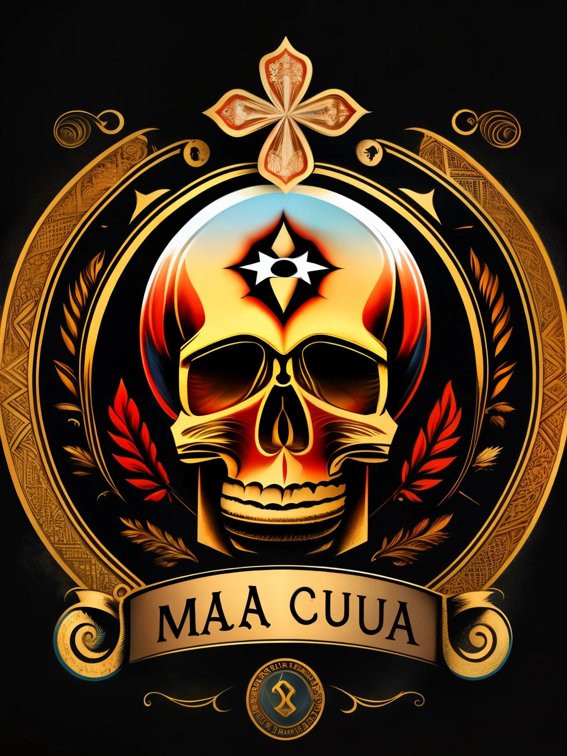 Uma cruz sagrada, com uma caveira sobreposta na frente, vetor, design da camisa
