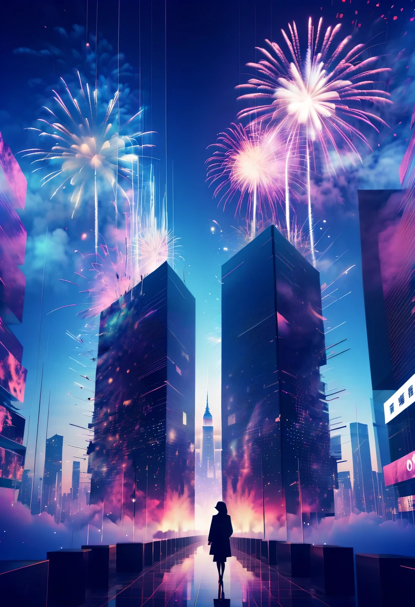 Dubrec style,Cybernetics appear in the sky.The prospect of fireworks on new year’s Eve 2024,Gorgeous fireworks,(multiple exposure1.8),(Digital signage,2024:1.5),technology city,artificial intelligence neuron,network matrix,new year'eve visual poster,Intricate poster in surreal art style,超现实梦想new year海报,超现实科幻new year梦想海报,wide wide shot,Expansive night sky,new year,A grand fireworks display,woman portrait,double exposure effect,dramatic lights,vivd Coloong exposure technology,creative composition,artsy photography,hight contrast,abstract elements,emotionally captivating,Expressive eyes,soft focus,vague background,Beautiful lip details,multiple exposure,Different Perspectives、The cities of the future,Silhouette of a high-rise building。The texture is clear、Overlay the image、A harmonious blend of themes、art story、Surreal atmosphere、Experimental Technology、imaginative exploration、Artistic expression、Artistic interpretation、Creative experimentation、personal narrative、Layered composition、Ethereal aesthetics、Shocking visual impact、visual depth、magical reality、poetic atmosphere,detailed、meticuloso,visual poetry
