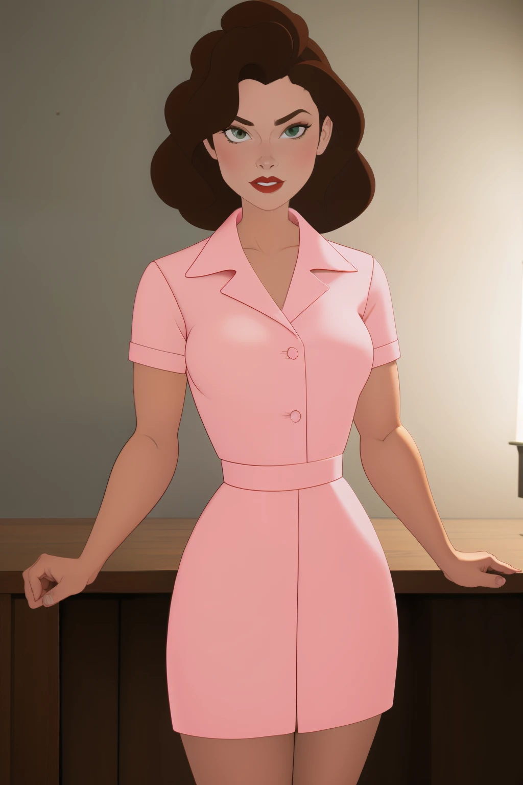 Annie Hughes,quality:1.4,pink waitress uniform,white shirt collar,glossy skin,