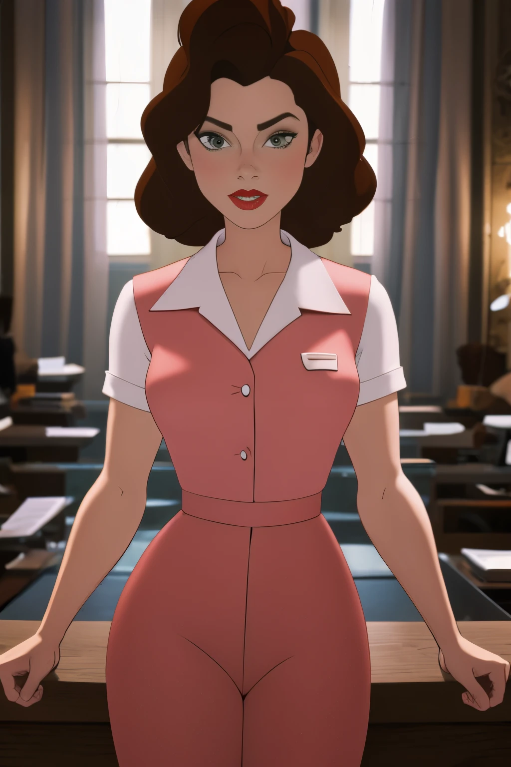 Annie Hughes,quality:1.4,pink waitress uniform,white shirt collar,glossy skin,