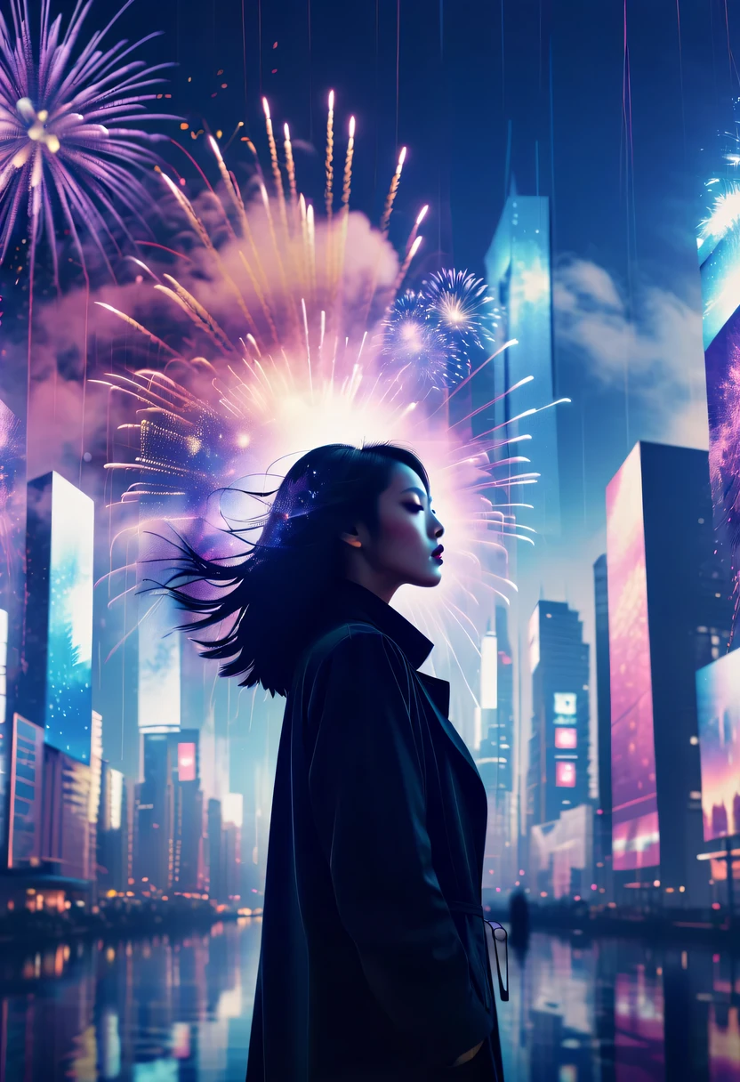 Dubrec style,Cybernetics appear in the sky.The prospect of fireworks on new year’s Eve 2024,Gorgeous fireworks,(multiple exposure1.8),(Digital signage,2024:1.5),technology city,artificial intelligence neuron,network matrix,new year'eve visual poster,Intricate poster in surreal art style,超现实梦想new year海报,超现实科幻new year梦想海报,wide wide shot,Expansive night sky,new year,A grand fireworks display,woman portrait,double exposure effect,dramatic lights,vivd Coloong exposure technology,creative composition,artsy photography,hight contrast,abstract elements,emotionally captivating,Expressive eyes,soft focus,vague background,Beautiful lip details,multiple exposure,Different Perspectives、The cities of the future,Silhouette of a high-rise building。The texture is clear、Overlay the image、A harmonious blend of themes、art story、Surreal atmosphere、Experimental Technology、imaginative exploration、Artistic expression、Artistic interpretation、Creative experimentation、personal narrative、Layered composition、Ethereal aesthetics、Shocking visual impact、visual depth、magical reality、poetic atmosphere,detailed、meticuloso,visual poetry