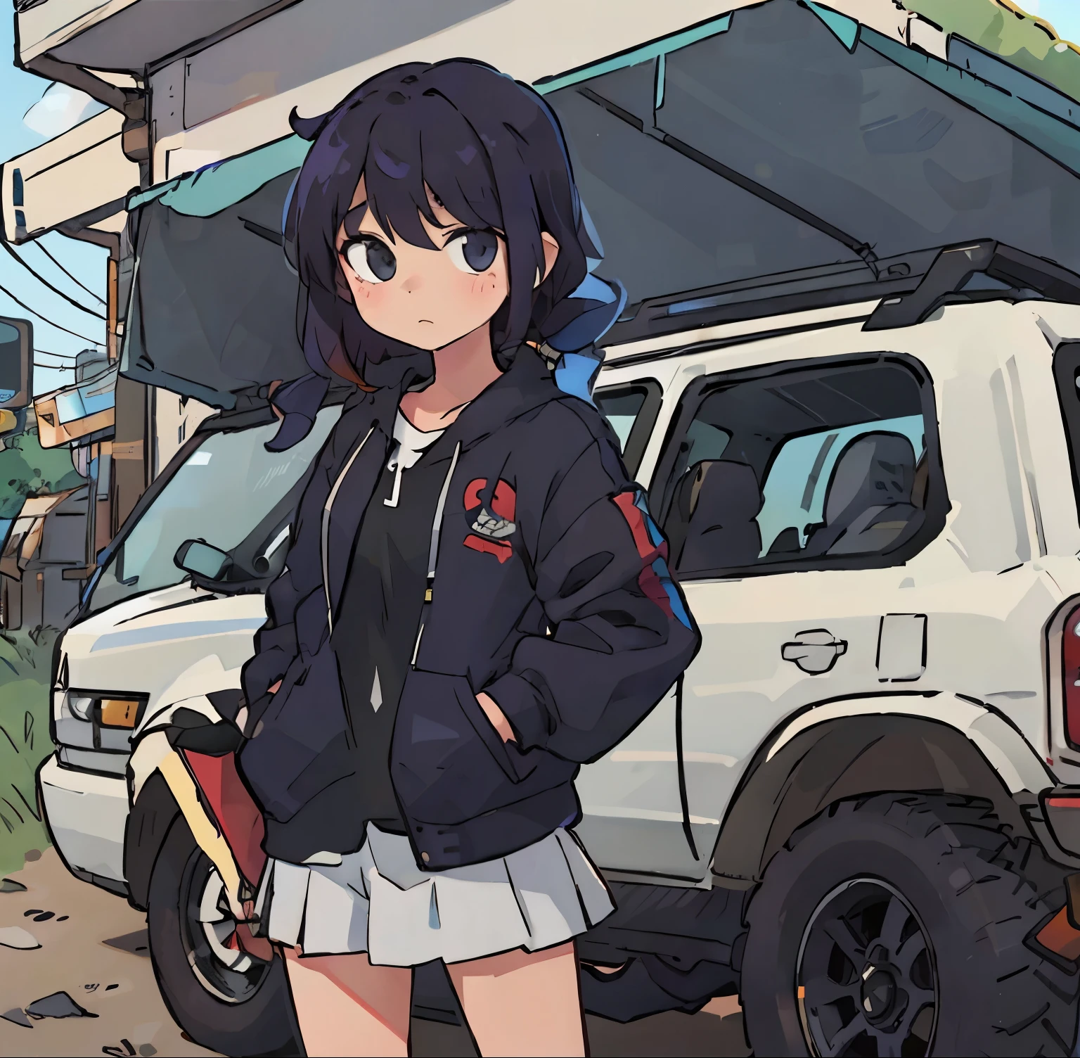 girl standing next to an SUV