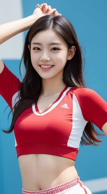 A woman with the same face as last time,4K、1Man Woman、A slender、 Loose wavy styling, Ecstatic expression、Photo wearing red and white shirt and shorts, white t-shirt with red sleeves, Tight shirt, Open V chest clothes,I'm not wearing anything inside、Be braless、 Sporty, Tennis Wear, Short sleeves, white red, wearing white v - neck top, mid shot portrait, In shorts, cute sportswear, Tight shirt, taken with sony alpha 9, perfectly proportions, 、captivating and enticing、FULL BODYSHOT、Including face and skin texture.,Detailed eyes、A smiling face