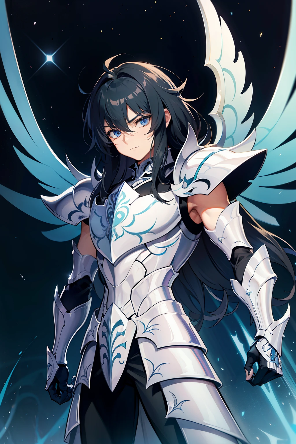 (high-quality, breathtaking),(expressive eyes, perfect face) 1boy, boy, solo, young adult, black colored hair, light blue coloured eyes, stylised hair, gentle smile, medium length hair, loose hair, side bangs, wavy hair, spiky hair, looking at viewer, portrait, greek, armor, black onyx purple armor, saint seiya armor, spectre armor, fantasy armor, Hades, armor like Thanatos saint seiya lost canvas, armor like Hypnos saint seiya lost canvas, armor wings