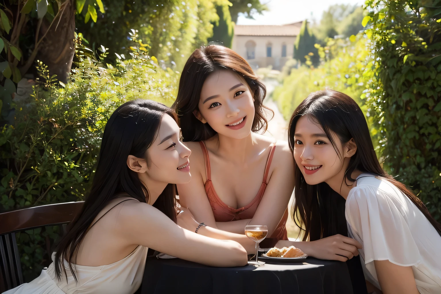 dinner party,Ancient Roman landscape in the style of Poussin,A smile,,Sweet and seductive appearance.、Caravaggio's paintings、Chiaroscuro of Caravaggio、Hair disheveled in the wind,Two women frolicking,Cute smile, Expression of ecstasy,A sexy,erotick