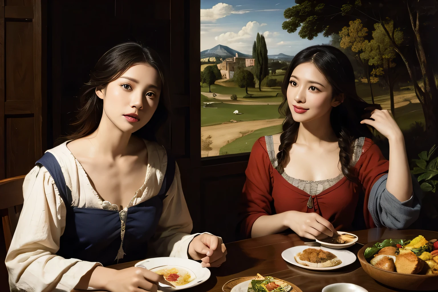 dinner party,Ancient Roman landscape in the style of Poussin,A smile,,Sweet and seductive appearance.、Caravaggio's paintings、Chiaroscuro of Caravaggio、Hair disheveled in the wind,Two women frolicking,Cute smile, Expression of ecstasy,A sexy,erotick