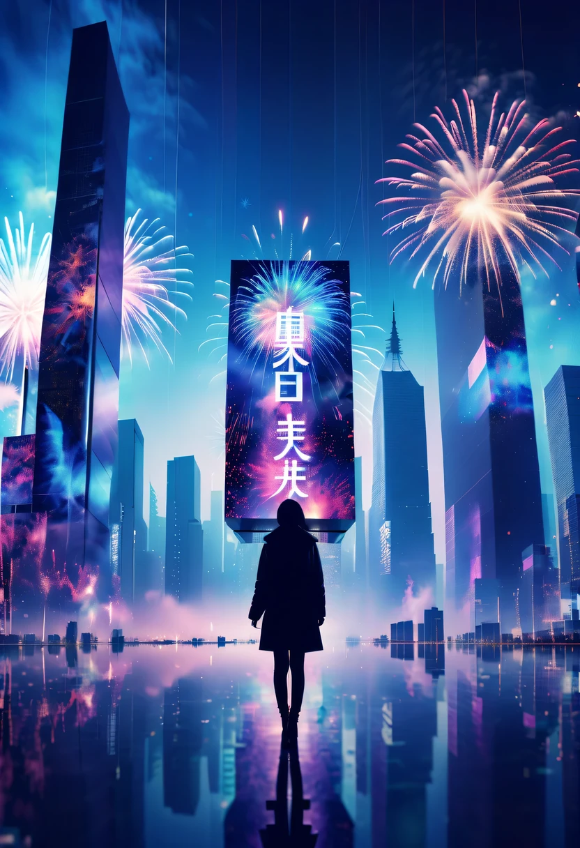 Dubrec style,Cybernetics appear in the sky.The prospect of fireworks on new year’s Eve 2024,Gorgeous fireworks,(multiple exposure1.8),(Digital signage,2024:1.5),technology city,artificial intelligence neuron,network matrix,new year&#39;eve visual poster,Intricate poster in surreal art style,超现实梦想new year海报,超现实科幻new year梦想海报，wide wide shot，Expansive night sky，new year，A grand fireworks display，woman portrait，double exposure effect，dramatic lights，vivd Coloong exposure technology，creative composition，artsy photography，hight contrast，abstract elements，emotionally captivating，Expressive eyes，soft focus，vague background，Beautiful lip details，multiple exposure，Different Perspectives、The cities of the future，Silhouette of a high-rise building。The texture is clear、Overlay the image、A harmonious blend of themes、art story、Surreal atmosphere、Experimental Technology、imaginative exploration、Artistic expression、Artistic interpretation、Creative experimentation、personal narrative、Layered composition、Ethereal aesthetics、Shocking visual impact、visual depth、magical reality、poetic atmosphere，detailed、meticuloso，visual poetry