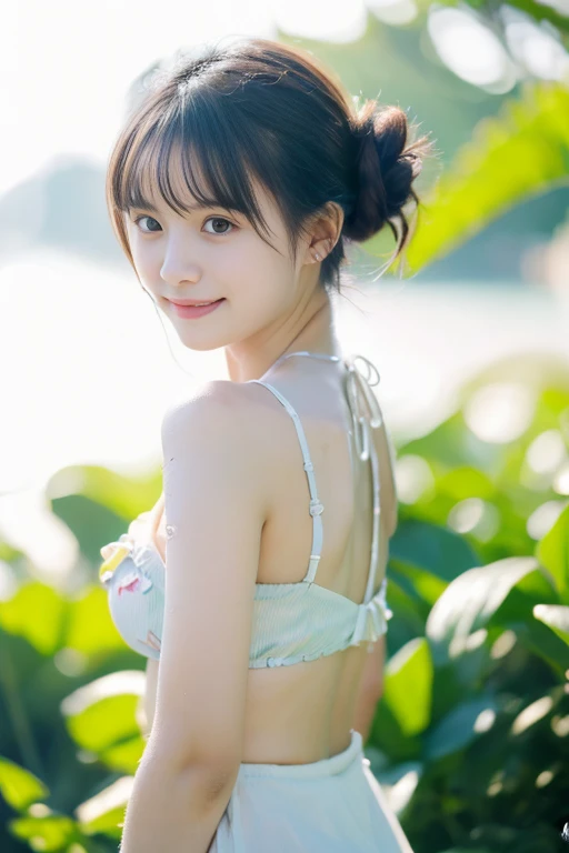 (AKB 48)), ((lens flare))), (((constricted waist))), (Mekosuji visible)))), (((backlit))),(The sunset is shining from behind)),(Tropical garden)),((Smiling)),((NIKON Z),(19 years old),(Small bust)))), (Colorful lace bikini swimsuit)))( Slight rough skin)))), ((Pore feeling)))), (skin feeling)))), (((Photorealism: 6, real)))), (((Earrings)), Perfect breast shape, bare buttocks, side ponytail, braid, pale skin, look at the viewer, small waist, wind, waves, 8K UHD, DSLR, soft lighting, high quality, highest quality, ultra high resolution, (photorealistic: 1.4),