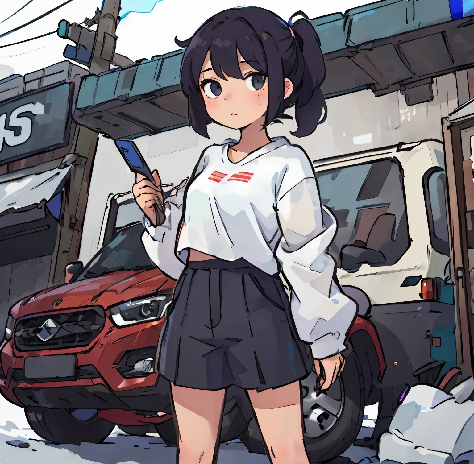 girl standing next to an SUV