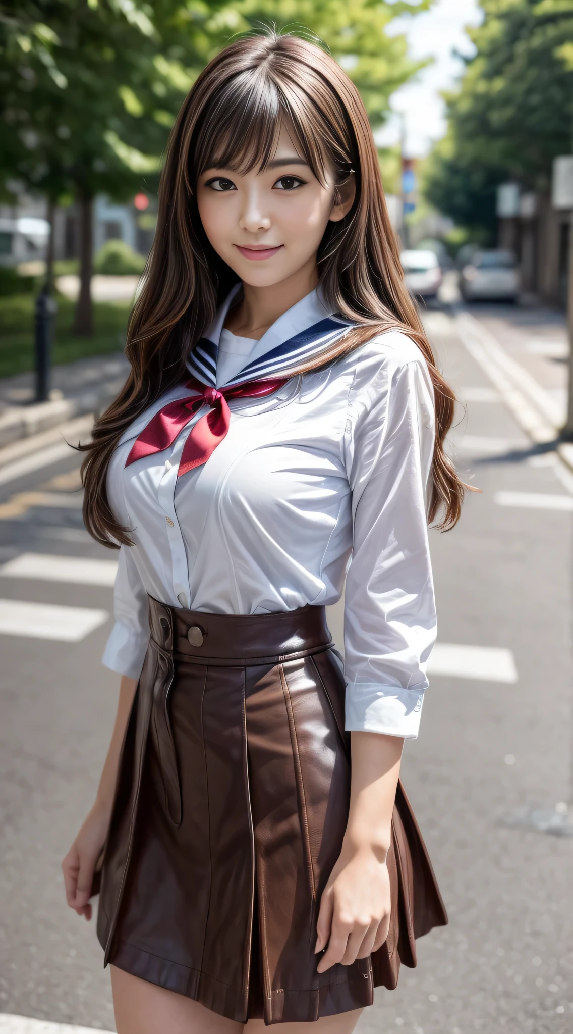 ((top-quality、8K、masterpiece:1.3))、foco nítido:1.2、Beautiful Women in Perfect Style:1.4、Slender Abs:1.2、((dark brown hair、Colossal tits:1.2))、(natural soft light、City Street:1.1)、Highly detailed facial and skin texture、A detailed eye、二重まぶた、Sexy schoolgirl in miniskirt sailor suit、A slight smil