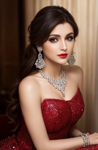 Lebanese lady, diamond dangling earrings, necklace, bracelets, small breasts, 40 years old, smokey eyes, cleavages, red lips, innocent face, random colored fashion ball gown, stylish hairstyle, posing, modeling,