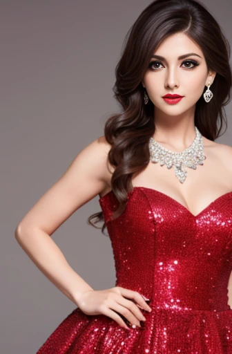 Lebanese lady, diamond dangling earrings, necklace, bracelets, small breasts, 40 years old, smokey eyes, cleavages, red lips, innocent face, random colored fashion ball gown, stylish hairstyle, posing, modeling,