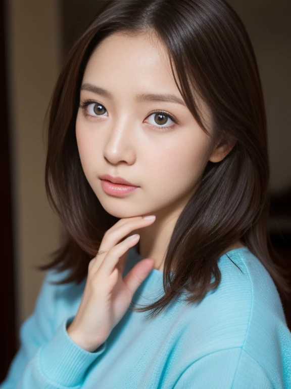 1girl,age30, light brown hair, very long hair, asymmetrical bangs, floating hair, mole under eye, longeyelashes, Surrealism, depth of field, cowboy shot, 35mm, f/16, Canon, super detail, UHD, masterpiece, anatomically correct, textured skin, super detail, high details, high quality, best quality, highres, 16k,((brown poncho style sweater、Give me a sweater、Lifted it himself:1.3))Lace Bra,((midnight)),town alley