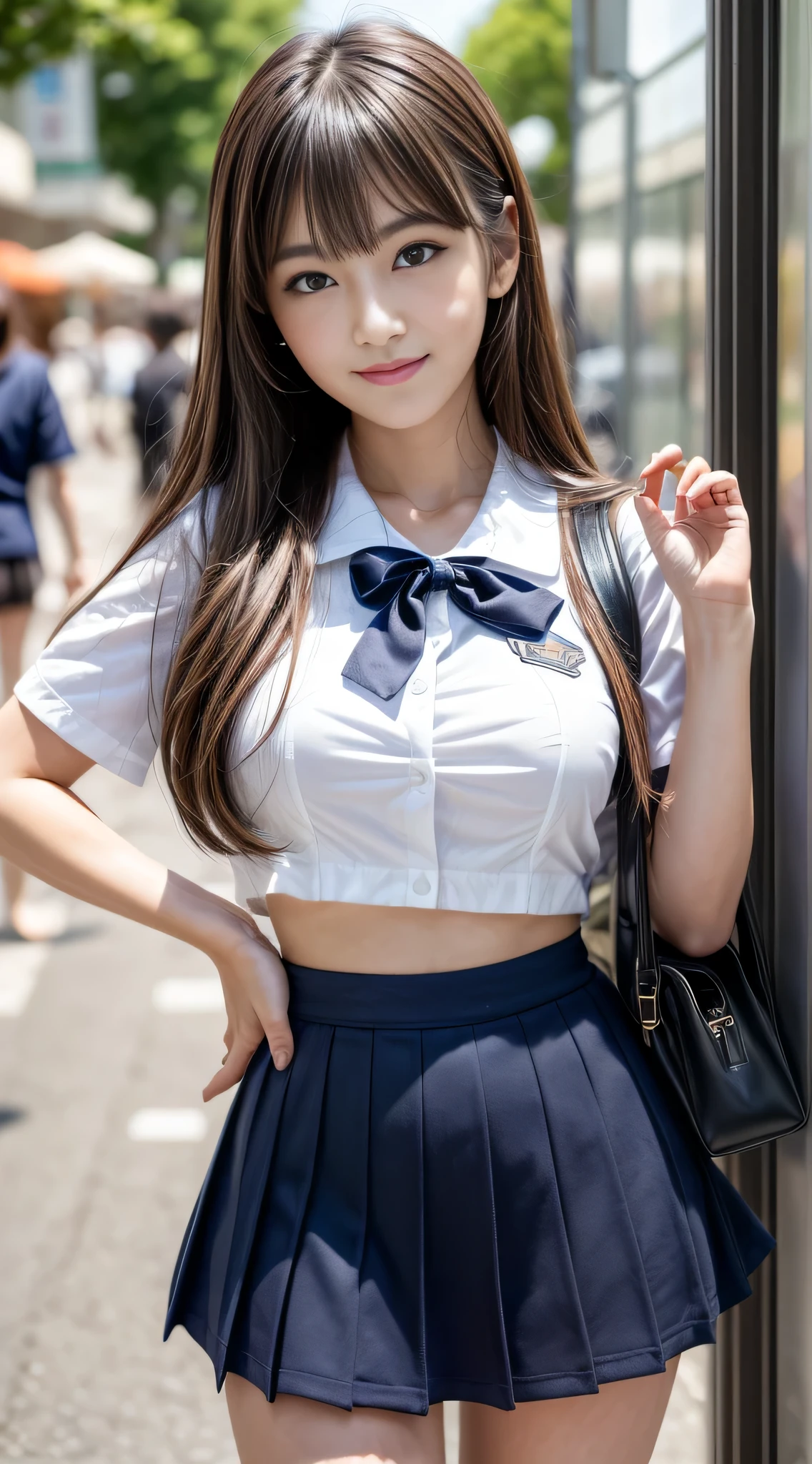 ((top-quality、8K、masterpiece:1.3))、foco nítido:1.2、Beautiful Women in Perfect Style:1.4、Slender Abs:1.2、((dark brown hair、Colossal tits:1.2))、(natural soft light、City Street:1.1)、Highly detailed facial and skin texture、A detailed eye、二重まぶた、Sexy girl in miniskirt sailor suit、A slight smil