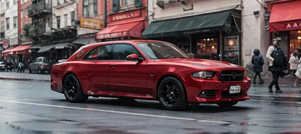 red luxury sedan on the side of a busy shopping street, orange lightning, far and low view