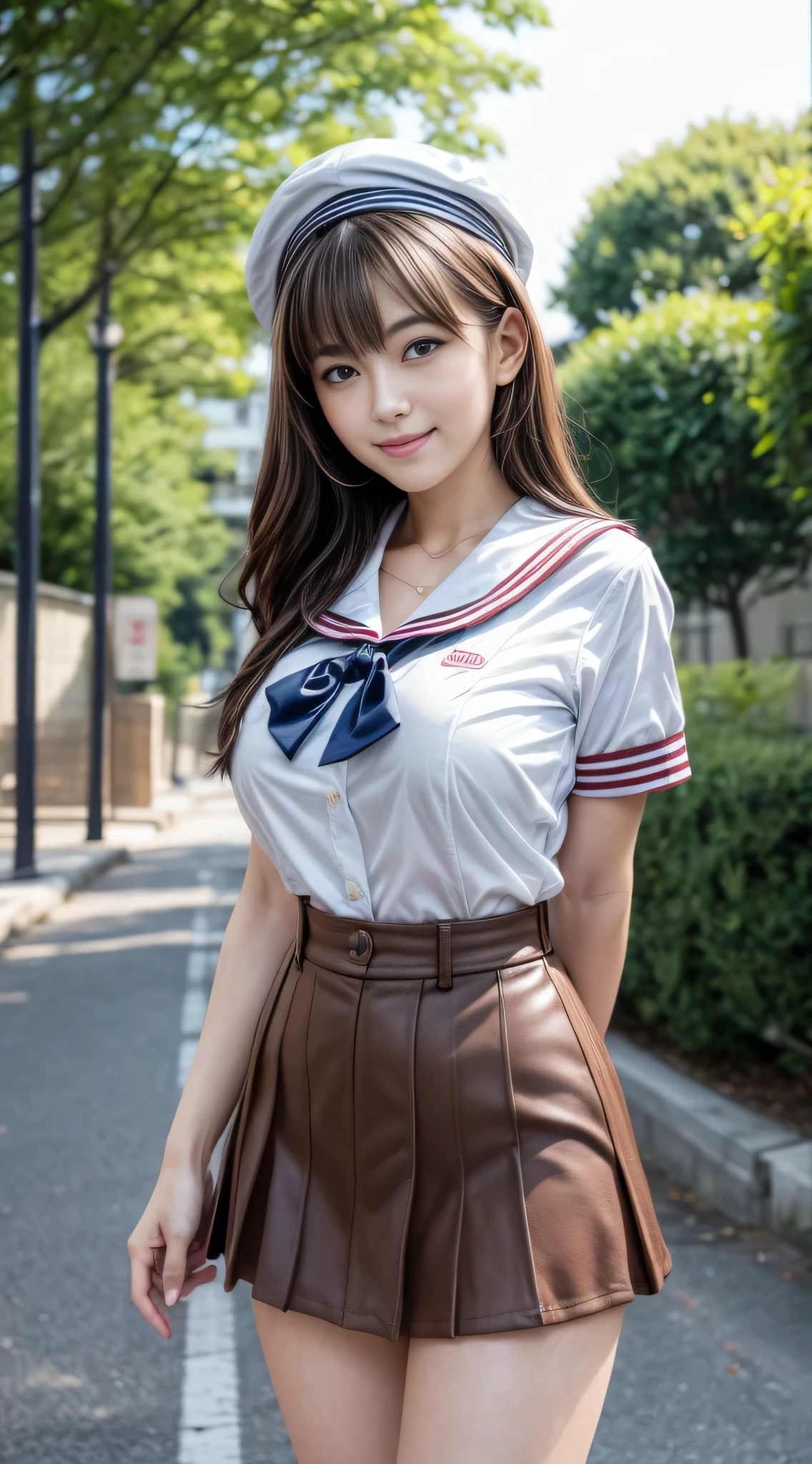 ((top-quality、8K、masterpiece:1.3))、foco nítido:1.2、Beautiful Women in Perfect Style:1.4、Slender Abs:1.2、((dark brown hair、Colossal tits:1.2))、(natural soft light、City Street:1.1)、Highly detailed facial and skin texture、A detailed eye、二重まぶた、Sexy girl in miniskirt sailor suit、A slight smil