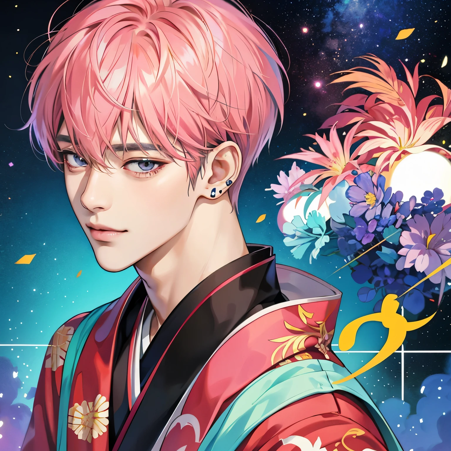Guviz-style artwork, made with anime painter studio, anime realismスタイル, Realistic anime art style, painted in anime painter studio, Inspired by Kim Taehyung, In an anime style, anime handsome guy, Inspired by Kim Taehyung, anime realism、Pink hair、A smile、a choker、Multiple piercings、Man with short hair、Male one、Inspired by Kim Taehyung、gray eyes new year、Men's kimono