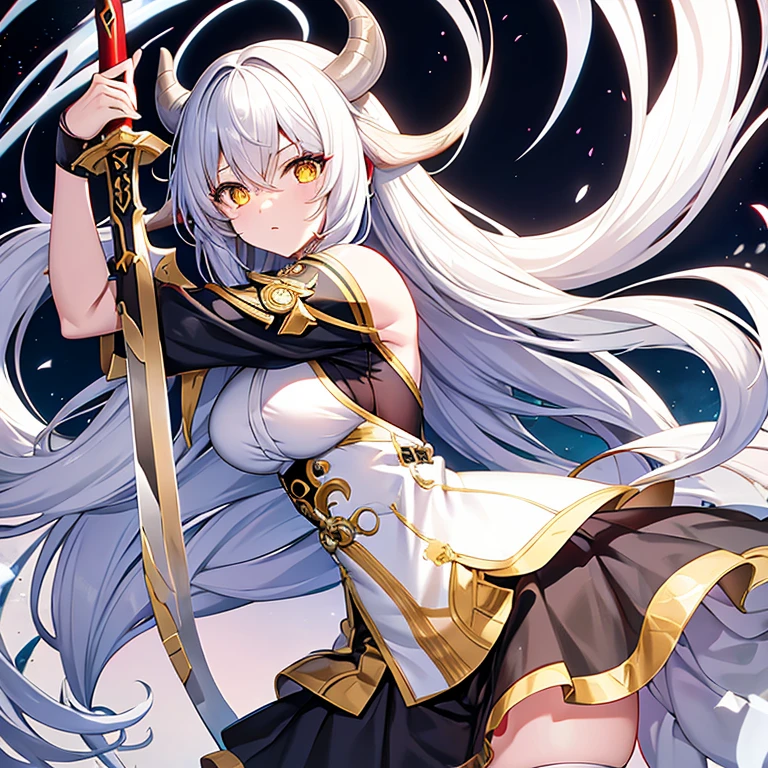 Black anime girl with long white hair in white costume, Yellow eyes, With a sword, Innocent Genshin style　Bull of Phalaris　vore