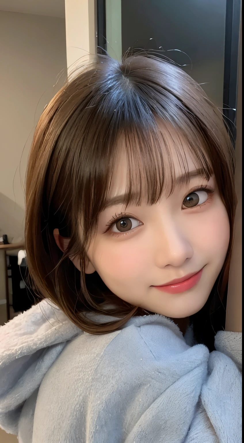masutepiece, Best Quality, Illustration, Ultra-detailed, finely detail, hight resolution, 8K Wallpaper, Perfect dynamic composition, Beautiful detailed eyes, gray fluffy winter clothes,Medium Hair,small tits,Natural Color Lip, Bold sexy poses,Smile,Luxury designer apartment(a room)、20 years girl、Cute、Sexy shot looking at camera、Blur the background、Wearing a change of clothes、masutepiece, Best Quality, Illustration, Ultra-detailed, finely detail, hight resolution, 8K Wallpaper, Perfect dynamic composition, Beautiful detailed eyes, fluffy winter clothes、Winter dress,Medium Hair, small tits 同, Natural Color Lip,Smile,Big city、20 years girl、Midnight、beautifull detailed face、Perfect and beautiful face、slim face and style,Spread your arms wide,Big eyes,Take a photo from below the knees at a face angle,Blur the background、Take close-up photos of your face,Blur the background、Take close-up photos of your face,Blur the background、Take close-up photos of your face、shoot from the knee to the face、shoot from the knee to the face、shoot from the knee to the face、a small face、Big eyes、a small face、Big eyes、a small face、Big eyes
