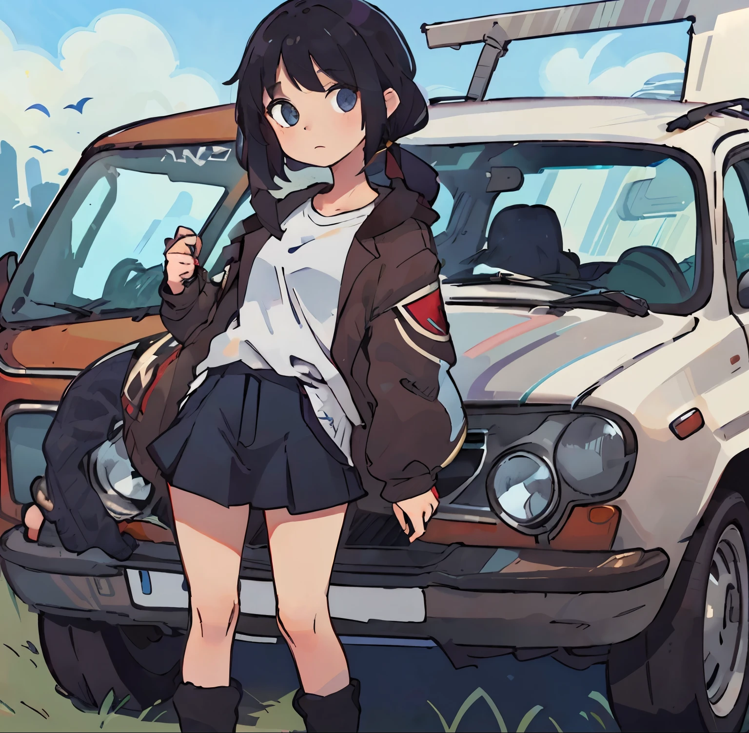 Girl standing next to Peugeot 203i