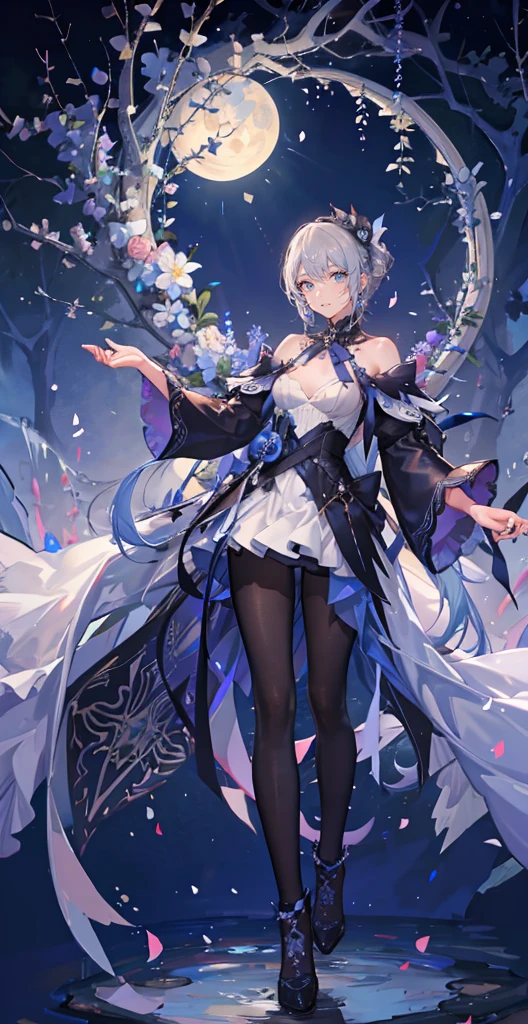 (masutepiece), (Best Quality), Highly detailed, (One boy:1.4), (full body photographed:1.3),tall,face perfect, Beautiful face, extra detailed face,Gray-haired shorthair,florals,butterflys々,floralsびら,optic,waterface,a moon,Fantasia,Fantastical,mystical