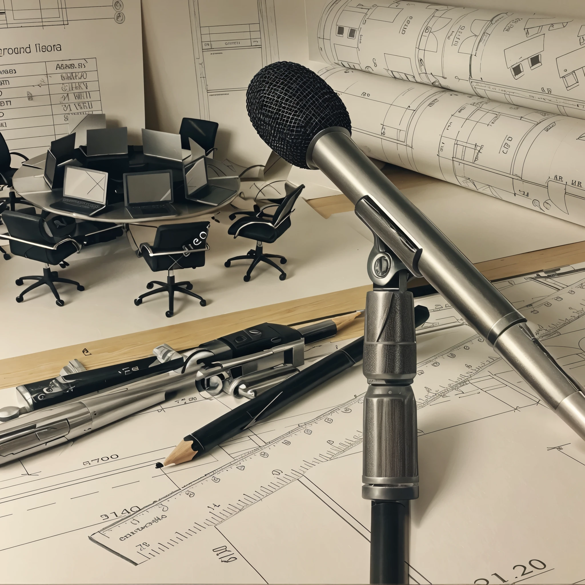 Close-up of microphone on table，There&#39;s a bunch of office supplies on it, Table with microphone, high quality drawing, office backdrop, technical drawings, architecture concepts, Have a professional background, architecture drawing, foreground background, interesting background, architecture plans, detailed professional photo, professional illustration, professional detailed photo, 详细technical drawings, architecture planning, architecture, professional drawing