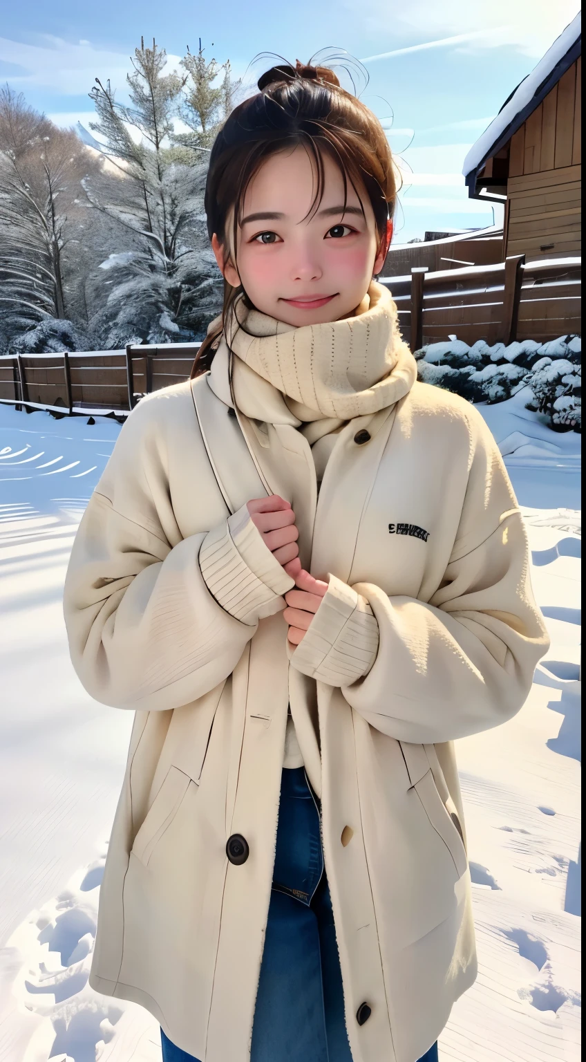 girl walking in the snow、Heavy snowfall areas、真っ白いsnowscape、Perfect cold protection、pure white military equipment、White knitwear、Shining eyes、Detailed clothing、Super Detail、top-quality、ultra-detailliert、masuter piece:1.3、hight resolution、8k、plein air、snowscape、Winter climbing、
