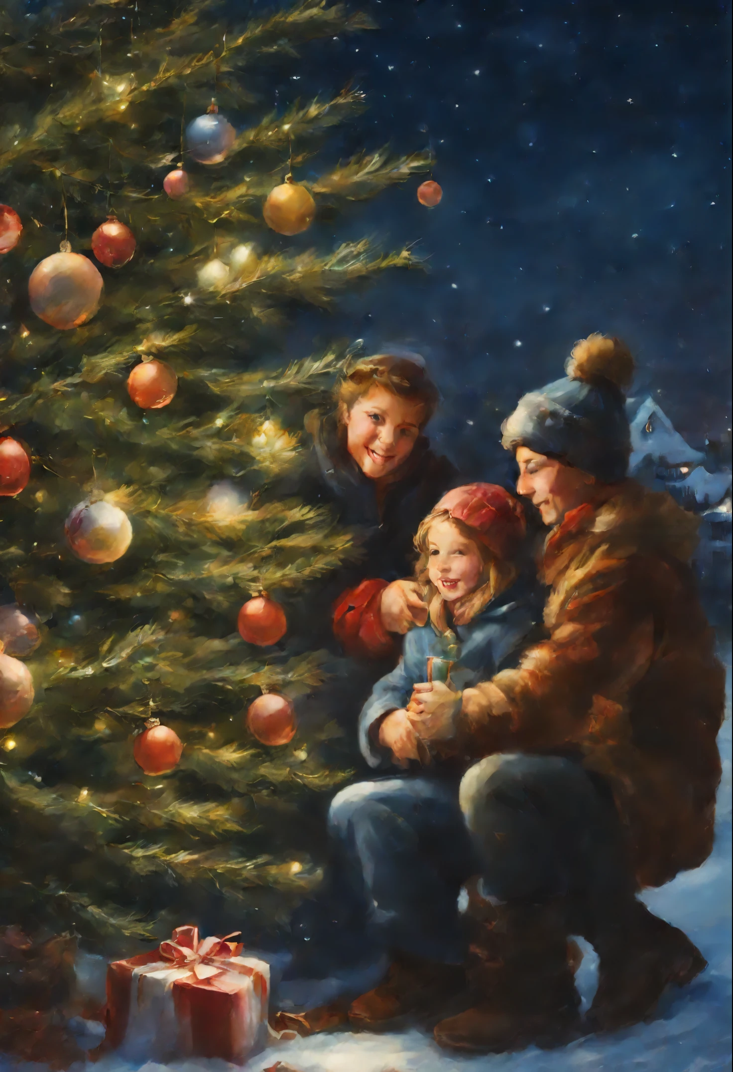 Picture of friends, give polar bags to each other, Cuddling, standing in front of the Christmas tree, by Hristofor Zhefarovich, by Izidor Kršnjavi, christmas night, under the quiet night sky, Twinkling stars, by Aleksander Gierymski, Tibor Renьi, Eugeniusz Zak, warm and joyful atmosphere
