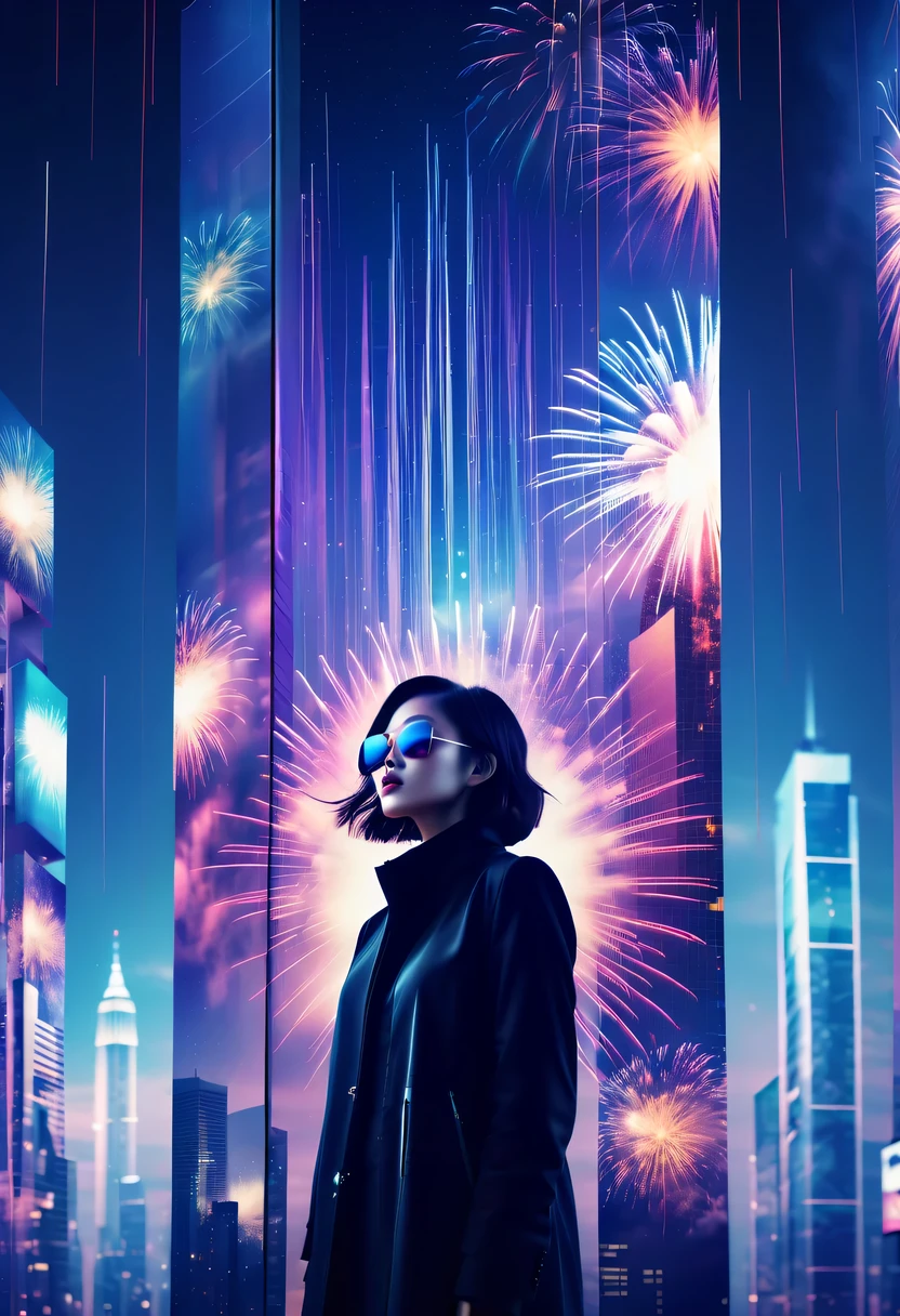 Dubrec style,Cybernetics appear in the sky.The prospect of fireworks on new year’s Eve 2024,Gorgeous fireworks,(multiple exposure1.8),(Digital signage,2024:1.5),technology city,artificial intelligence neuron,network matrix,new year'eve visual poster,Intricate poster in surreal art style,超现实梦想new year海报,超现实科幻new year梦想海报,wide wide shot,Expansive night sky,new year,A grand fireworks display,woman portrait,double exposure effect,dramatic lights,vivd Coloong exposure technology,creative composition,artsy photography,hight contrast,abstract elements,emotionally captivating,Expressive eyes,soft focus,vague background,Beautiful lip details,multiple exposure,Different Perspectives、The cities of the future,Silhouette of a high-rise building。The texture is clear、Overlay the image、A harmonious blend of themes、art story、Surreal atmosphere、Experimental Technology、imaginative exploration、Artistic expression、Artistic interpretation、Creative experimentation、personal narrative、Layered composition、Ethereal aesthetics、Shocking visual impact、visual depth、magical reality、poetic atmosphere,detailed、meticuloso,visual poetry