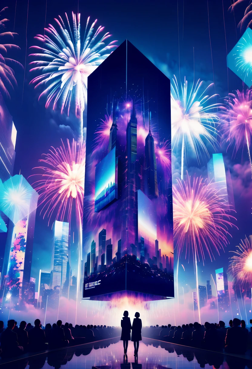 Dubrec style,Cybernetics appear in the sky.The prospect of fireworks on new year’s Eve 2024,Gorgeous fireworks,(multiple exposure1.8),(Digital signage,2024:1.5),technology city,artificial intelligence neuron,network matrix,new year'eve visual poster,Intricate poster in surreal art style,超现实梦想new year海报,超现实科幻new year梦想海报,wide wide shot,Expansive night sky,new year,A grand fireworks display,woman portrait,double exposure effect,dramatic lights,vivd Coloong exposure technology,creative composition,artsy photography,hight contrast,abstract elements,emotionally captivating,Expressive eyes,soft focus,vague background,Beautiful lip details,multiple exposure,Different Perspectives、The cities of the future,Silhouette of a high-rise building。The texture is clear、Overlay the image、A harmonious blend of themes、art story、Surreal atmosphere、Experimental Technology、imaginative exploration、Artistic expression、Artistic interpretation、Creative experimentation、personal narrative、Layered composition、Ethereal aesthetics、Shocking visual impact、visual depth、magical reality、poetic atmosphere,detailed、meticuloso,visual poetry