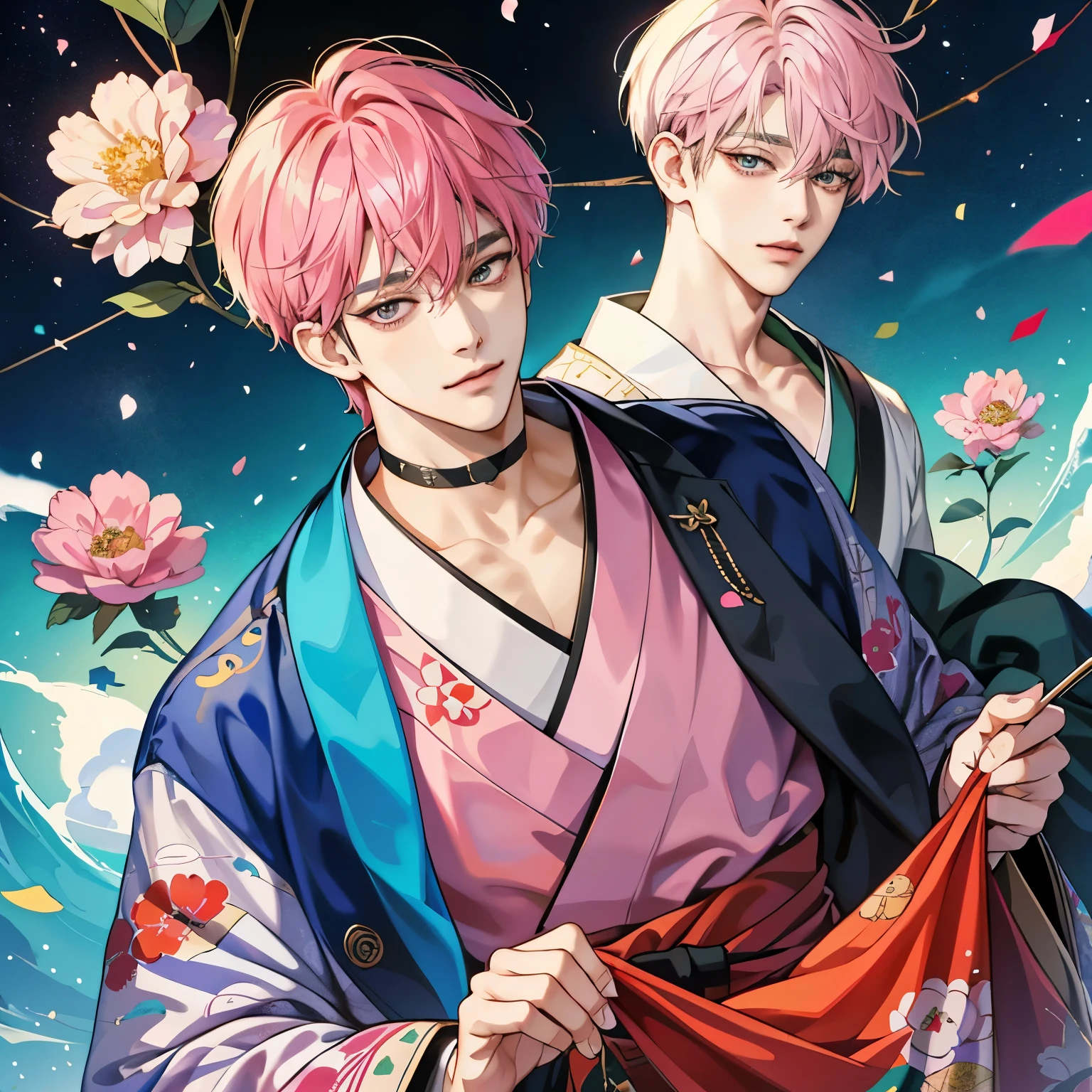 Guviz-style artwork, made with anime painter studio, anime realismスタイル, Realistic anime art style, painted in anime painter studio, Inspired by Kim Taehyung, In an anime style, anime handsome guy, Inspired by Kim Taehyung, anime realism、Pink hair、A smile、a choker、Multiple piercings、Man with short hair、Male one、Inspired by Kim Taehyung、gray eyes new year、Men's kimono