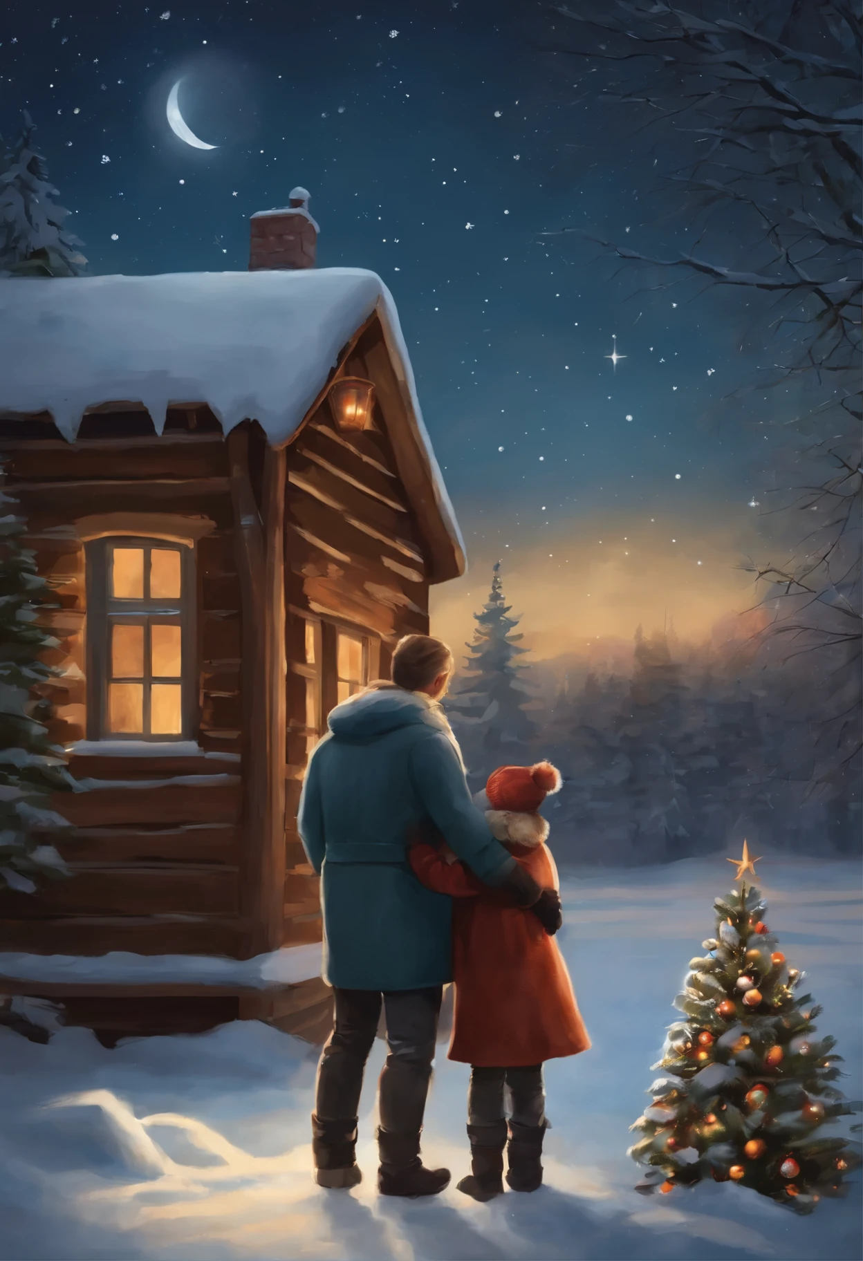 Picture of friends, give polar bags to each other, Cuddling, standing in front of the Christmas tree, by Hristofor Zhefarovich, by Izidor Kršnjavi, christmas night, under the quiet night sky, Twinkling stars, by Aleksander Gierymski, Tibor Renьi, Eugeniusz Zak, warm and joyful atmosphere