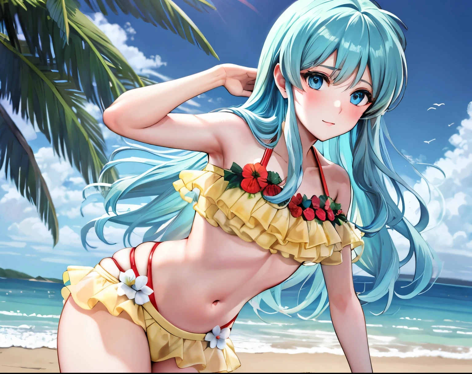 cowboy shot, sum_eirika, looking at viewer, swimsuit, bikini, red flower in hair, (masterpiece, best quality, ultra-detailed, best shadow),