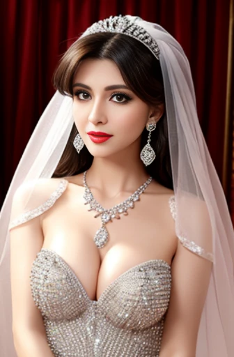 Lebanese lady, diamond dangling earrings, necklace, bracelets, small breasts, 40 years old, smokey eyes, cleavages, red lips, innocent face, wedding fashion ball gown, stylish hairstyle, posing, modeling,