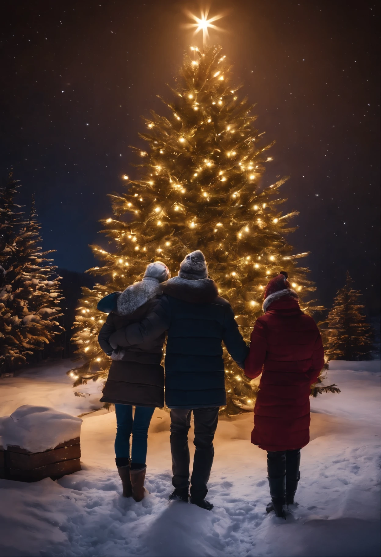 Picture of friends, give polar bags to each other, Cuddling, standing in front of the Christmas tree, by Hristofor Zhefarovich, by Izidor Kršnjavi, christmas night, under the quiet night sky, Twinkling stars, by Aleksander Gierymski, Tibor Renьi, Eugeniusz Zak, warm and joyful atmosphere