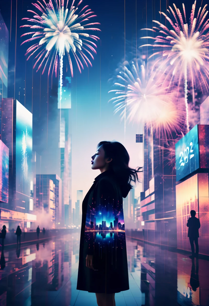 Dubrec style,Cybernetics appear in the sky.The prospect of fireworks on new year’s Eve 2024,Gorgeous fireworks,(multiple exposure1.8),(Digital signage,2024:1.5),technology city,artificial intelligence neuron,network matrix,new year'eve visual poster,Intricate poster in surreal art style,超现实梦想new year海报,超现实科幻new year梦想海报,wide wide shot,Expansive night sky,new year,A grand fireworks display,woman portrait,double exposure effect,dramatic lights,vivd Coloong exposure technology,creative composition,artsy photography,hight contrast,abstract elements,emotionally captivating,Expressive eyes,soft focus,vague background,Beautiful lip details,multiple exposure,Different Perspectives、The cities of the future,Silhouette of a high-rise building。The texture is clear、Overlay the image、A harmonious blend of themes、art story、Surreal atmosphere、Experimental Technology、imaginative exploration、Artistic expression、Artistic interpretation、Creative experimentation、personal narrative、Layered composition、Ethereal aesthetics、Shocking visual impact、visual depth、magical reality、poetic atmosphere,detailed、meticuloso,visual poetry