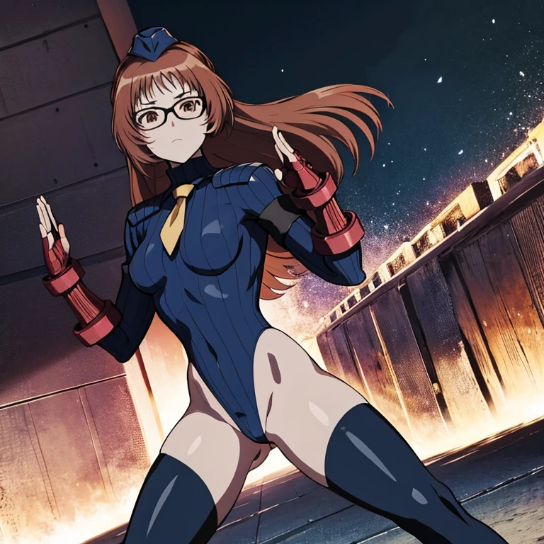 ultra-detailed, Explicit, Beautiful body, Beautiful Nose, Beautiful character design, perfect eyes, perfect face, ultra highres, 4K, beautiful legs, perfect legs, Nice hands, Perfect hand, Masterpiece, Best Quality, Highly detailed, illustration, absurdres, street fighter, doll suit, shadaloo doll, dollsuit, expressionless, blank eyes, looking at viewer, red gloves, emotionless, black latex, corrution, mind control, female combatant, full body, hypnotized, unhappy trance, full body suit, ribbed bodysuit, both arms at side, obey, perfect female body, extremely glossy latex, hypnosis, hypnoLora, empty eyes, Mind control device, poses, submissive_pose, Slave, hat, necktie, stand up straight, standing, standing at attention, hat, necktie, belt, latex, ribbed bodysuit, thighhighs, garter belt, Fighting Stance, extending the right arm from the shoulder into the air with a straightened hand, nazi saluting, military, military saluting, salute, thigh boots, 1girl, Ai Mie, Suki na Ko ga Megane wo Wasureta, golden eyes, glasses, brown hair, very long hair