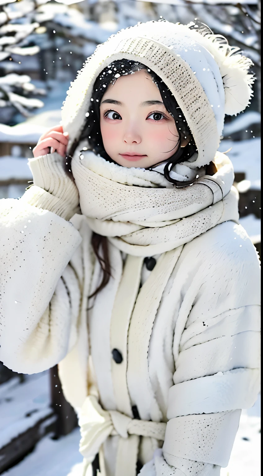 girl walking in the snow、Heavy snowfall areas、真っ白いsnowscape、Perfect cold protection、pure white military equipment、White knitwear、Shining eyes、Detailed clothing、Super Detail、top-quality、ultra-detailliert、masuter piece:1.3、hight resolution、８ｋ、plein air、snowscape、Winter climbing、