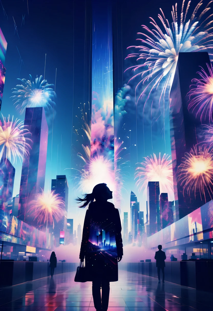 Dubrec style,Cybernetics appear in the sky.The prospect of fireworks on new year’s Eve 2024,Gorgeous fireworks,(multiple exposure1.8),(Digital signage,2024:1.5),technology city,artificial intelligence neuron,network matrix,new year&#39;eve visual poster,Intricate poster in surreal art style,超现实梦想new year海报,超现实科幻new year梦想海报，wide wide shot，Expansive night sky，new year，A grand fireworks display，woman portrait，double exposure effect，dramatic lights，vivd Coloong exposure technology，creative composition，artsy photography，hight contrast，abstract elements，emotionally captivating，Expressive eyes，soft focus，vague background，Beautiful lip details，multiple exposure，Different Perspectives、The cities of the future，Silhouette of a high-rise building。The texture is clear、Overlay the image、A harmonious blend of themes、art story、Surreal atmosphere、Experimental Technology、imaginative exploration、Artistic expression、Artistic interpretation、Creative experimentation、personal narrative、Layered composition、Ethereal aesthetics、Shocking visual impact、visual depth、magical reality、poetic atmosphere，detailed、meticuloso，visual poetry
